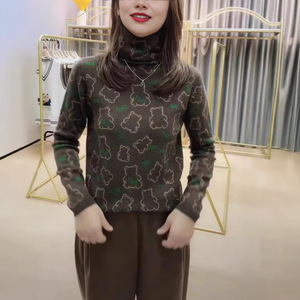 Women's High Neck Knit Top Brown Bear Pattern Long Sleeve Soft Warm Base Layer Shirt For Middle Aged Mothers - Product Image 3