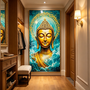 Wholesale <b>Framed</b> Glitter Wall Art Golden Buddha Head Teal Cloud Zen Religious HD Print Crystal Porcelain Painting for Home Decor - Product Image 6