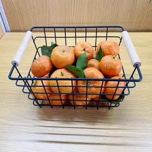 Wholesale Customized Multifunctional Black White Storage Vegetable Fruit Household Storage Metal Basket With Wood Handle