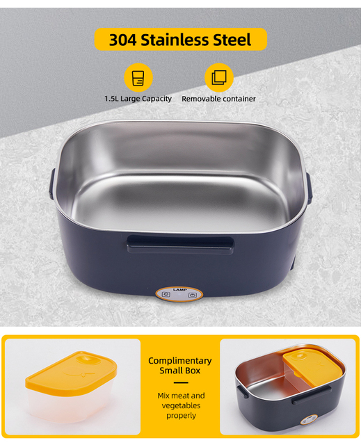 Fast Heating Electric Lunch Box Food Warmer 1.5L Stainless Steel Portable Heated Container for Car & Home 12V/24V 110V/220V