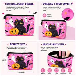 Graziosa Pochette Cosmetica Rosa di Halloween con Stampa di Gatto Nero, Fantasma e Zucca, Borsa per il Trucco con Logo Personalizzato, Regalo per Feste di Halloween - Product Image 2
