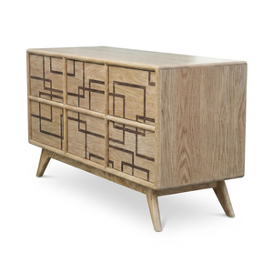 Buffet en bois de chêne de style Mid-Century Modern avec incrustations géométriques, meuble de salle à manger fait main pour salon et maison - Product Image 1