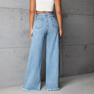 YUANBOFEI <span class=keywords><strong>Jean</strong></span> pour <span class=keywords><strong>femme</strong></span> bleu clair délavé taille haute <span class=keywords><strong>coupe</strong></span> large en denim avec ourlet effiloché décontracté longueur ras du sol style urbain - Product Image 3