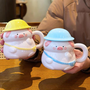 Zuo Mu Cute Pig Ceramic <b>Mug</b> <b>With</b> <b>Lid</b> And Handle Hand Painted Reusable Gift For Office And Couples - Product Image 3