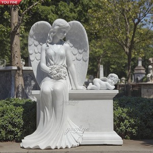 YOUFINE Estatua Conmemorativa de Ángel Llorón de Mármol Blanco Tallada a Mano, Lápida de Cementerio Arrodillada para Decoración de Tumbas Funerarias - Product Image 5