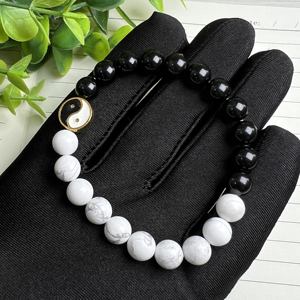 Kristall Tai Chi Yin Yang Paar-Armband aus Natürlichem Obsidian & Weißem Howlith im Feng-Shui-Stil, Armreif als Schmuckgeschenk - Product Image 4