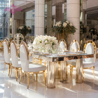 Table de banquet de mariage extérieure pour hôtel moderne et élégant, base en métal doré, plateau en verre miroir en acier inoxydable
