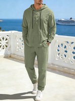 Ensemble de survêtement décontracté 2 pièces en lin pour homme, coupe ample, avec capuche Henley et pantalon à cordon, léger, idéal pour les vacances d'été à la plage (OEM/ODM)