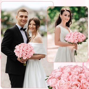 زهور اصطناعية بالجملة، بتلات ورد حريرية وردية، ورود طويلة الساق لعيد الحب وباقات الزفاف وديكور المنزل والحفلات - Product Image 3