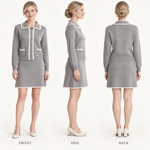 ชุดเซ็ตสองชิ้นเสื้อแ<span class=keywords><strong>ล</strong></span>ะกระโปรงผ้าถัก<span class=keywords><strong>ล</strong></span>ายฉลุประดับมุกแบบรักษ์โลกสำหรับผู้หญิง เหมาะสำหรับงานปาร์ตี้แ<span class=keywords><strong>ล</strong></span>ะใส่ทำงาน - Product Image 1