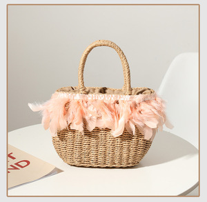 Pochette de Shopping en papier, tissée à la main avec Crochet de <span class=keywords><strong>plage</strong></span>, de Style bohémien, sac à main seau à cordon décoratif en plume, nouvelle collection - Product Image 5