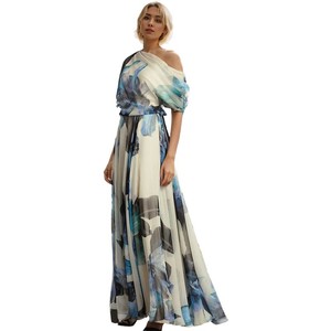Off The Shoulder Chiffon Maxi <b>Dress</b> Blue Apricot <b>A</b> <b>Line</b> One Shoulder Print Long <b>Dress</b> Summer Resort Style - Product Image 5
