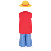 Disfraz de Luffy Estilo Pirata de Anime Japonés, Conjunto Completo con Sombrero de Paja, Chaleco Rojo sin Mangas y Pantalones Cortos Azules para Fiestas y Juegos de Rol