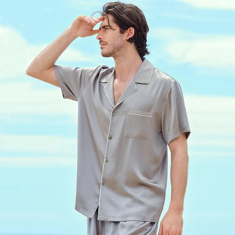 Factory wholesale silk sleepwear suit short sleeve shorts luxury loose breathable silk pajamas mens