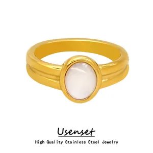 USENSET珠光立方蛋白石镶嵌304L不锈钢戒指优雅女性金色PVD电镀饰品结婚礼物