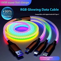 Câble RGB 3-en-1 de type C à charge ultra-rapide 6A pour téléphone portable, voiture, câble de données lumineux coloré, gaine en PVC, compatible avec les écouteurs PD