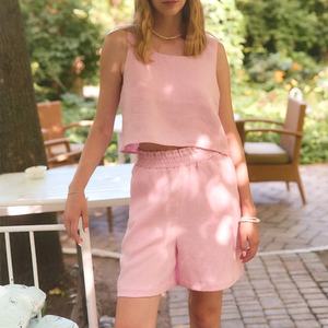 Factory Women Suit Hawaiian High Quality Sleeveless Round Neck Shorts Two Piece Suit Custom Made Soft 100% Linen Shorts Suits - Product Image 1