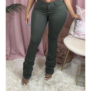 กางเกงยีนส์ทรงสลิมฟิตเอวสูงผ้ายีนส์แบบเรียงซ้อน - Product Image 1