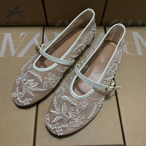 ZAR * женская обувь 2025 белая черная вышитая бисером Цветочная сетчатая женская обувь на плоской подошве с круглым носком - Product Image 1