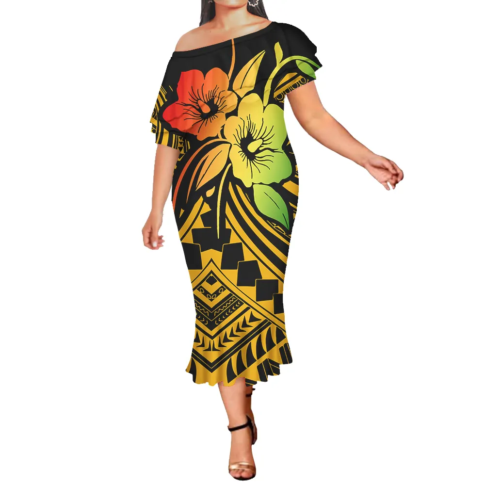 Robe en queue de poisson élégante de Style Tribal polynésien, robe de sirène à Double volant, taille réelle