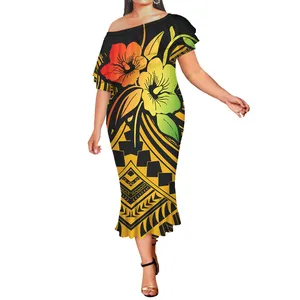 Polynesian Tribal Style Elegante Fischschwanz kleider Pacific Island Art Niedriger Preis Double Ruffle Mermaid Dress True Size Canon icals