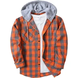 High Quality Factory Plus Size Casual Pocket Shirt Fashion Men's Plaid Hoodie Fleece Flannel Shirts Jackets