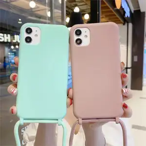 Casing Ponsel Silikon Cair, Pelindung Telepon Genggam dengan Tali Kalung Selempang Lembut untuk iPhone 12 11 Pro Max 6 7 8P X XR XS SE