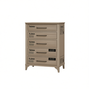 Comò a 5 cassetti con finitura sabbiata, design a pannelli in legno, mobili per camera da letto - Product Image 1