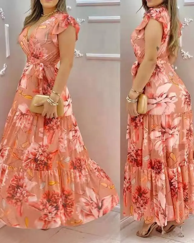 YT rahat bayanlar moda şifon seksi V boyun örgü baskı Maxi çiçekli elbiseler kadınlar zarif uzun elbise