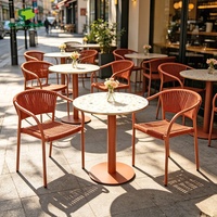 Ensemble de salle à manger moderne d'extérieur 3 pièces, chaises en rotin PE et plateau de table en céramique, résistant aux intempéries, pour usage en hôtellerie, restauration et café
