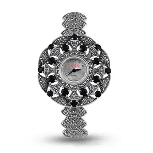 นาฬิกาเงินแท้ 925 พร้อมนาฬิกาผู้หญิงดอกไม้สีเงิน Marcasite