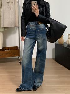 Yuanbofei High-Waist <strong>Women's</strong> Solid Cotton Ripped Asymmetric Jeans Casual Straight-leg Breathable Denim Patchwork Trousers - Product Image 5