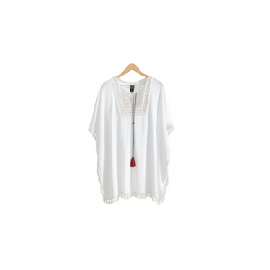 Robe de plage d'été pour femme HDJ, col en V, broderie à pompons, coupe ample, longueur midi, maillot de bain 85*80CM, polyester blanc W22054-34 - Product Image 1