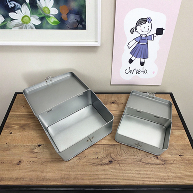 Silver Rectangular Lockable Dual-Size Tinplate Metal Boxes: Airtight Storage Containers