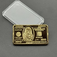 Pièce commémorative rectangulaire exquise en fer plaqué or, avec portrait de Franklin et motif du Hall de l'Indépendance, pour coffret cadeau