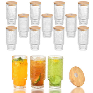 Vaso de vidrio apilable de 11 oz con diseño acanalado vertical, tapa y pajita, reutilizable para zumos, ideal para el hogar, cafeterías y venta al por mayor. - Product Image 1
