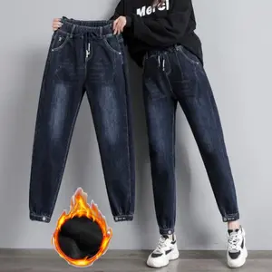 Grosir disesuaikan tunggal/empuk elastis pinggang denim celana wanita serut kaki harem jeans wanita lurus celana anak-anak