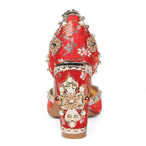 Sandales à talons épais pour femme, grande taille 45, avec perles de luxe, fleurs, strass, bride cheville, coupe large, imprimé floral, chaussures habillées - Product Image 6