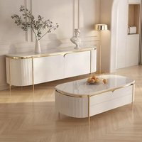 Modernes Luxus-TV-Möbelset mit Gesinterter Steinplatte, Couchtisch mit Titan-Gold-Metallrahmen, Lackierter Schrank und Massivholz-Schubladen