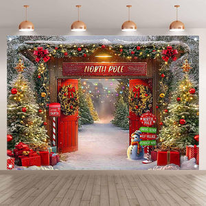 Toile de fond personnalisée Noël Polaire : Porte de grange en bois, forêt hivernale et arbres pour décoration de fête - Product Image 1