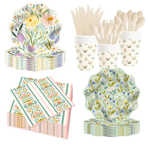 DAMAI - Juego de Vajilla Desechable con Diseño de Flores para Fiestas, Platos, Servilletas y Vasos de Papel Verdes - Product Image 1