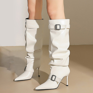 Women Belt Buckles Loose Baggy <b>Shoes</b> High Heels Pointed Toe Stiletto Knee High Boots Wide Pleated Upper Long Booties - Product Image 3