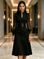 Robe midi trapèze en jean pour femme, à manches bouffantes en maille unie, avec ceinture, coupe ajustée, élégante, pour soirée ou décontractée, printemps-été, design personnalisé