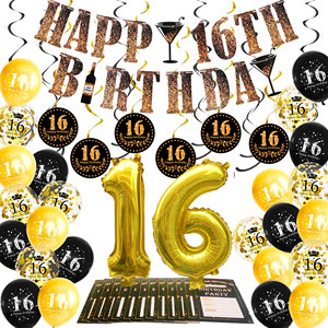 Décorations pour 16e anniversaire, fournitures de fête pour 21 ans, or et noir, joyeux 16, 18, 21, 30, 40, 50, 60, 70 ans, bannière et ballons d'anniversaire - Product Image 1