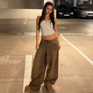 Pantalones Vaqueros Anchos Desgastados para Mujer, con Parches, Cinturón, Estilo Vagabundo, Lavado Resistente, Retro, Estilo Urbano - Product Image 4