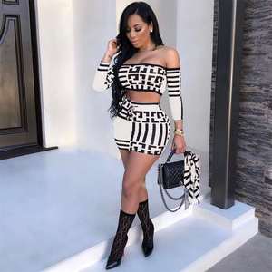 2022 Mùa Hè Ngắn Hai Mảnh Thiết Lập Phụ Nữ Quần Áo In Dài Tay Áo <span class=keywords><strong>Crop</strong></span> Top Bodycon Dresses Sexy Ngắn Mini Váy - Product Image 2