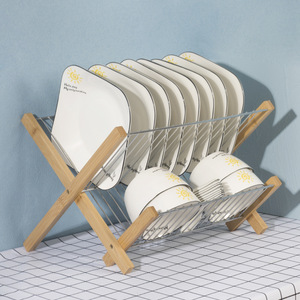 Manufacture Folding Bamboo Stainless Steel Kitchen Drying Dish Rack for Counter