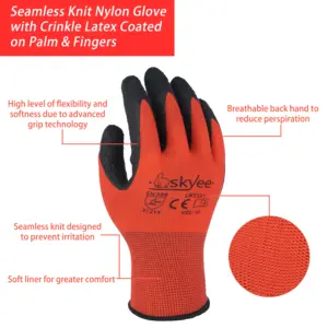 SKYEE Hot Sale Crinkle Latex Coated Nylon Blended Anti Cut No Slip Construction Rubber Garden Work Gloves For Industrial Workers