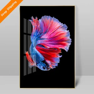 Customized New Hot Sale 3D Decorative Paintings Gold Aluminum Frame Crystal Porcelain Painting Koi Betta Animal Wall Decor Art