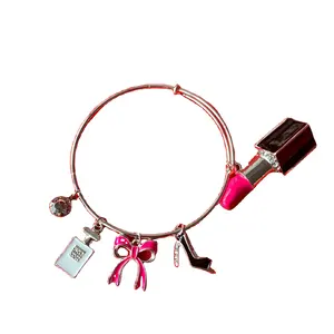 girly sexy lips lipstick perfume bottle charm bangles bracelets expandable silver metal bangles with multi charms gifts for her